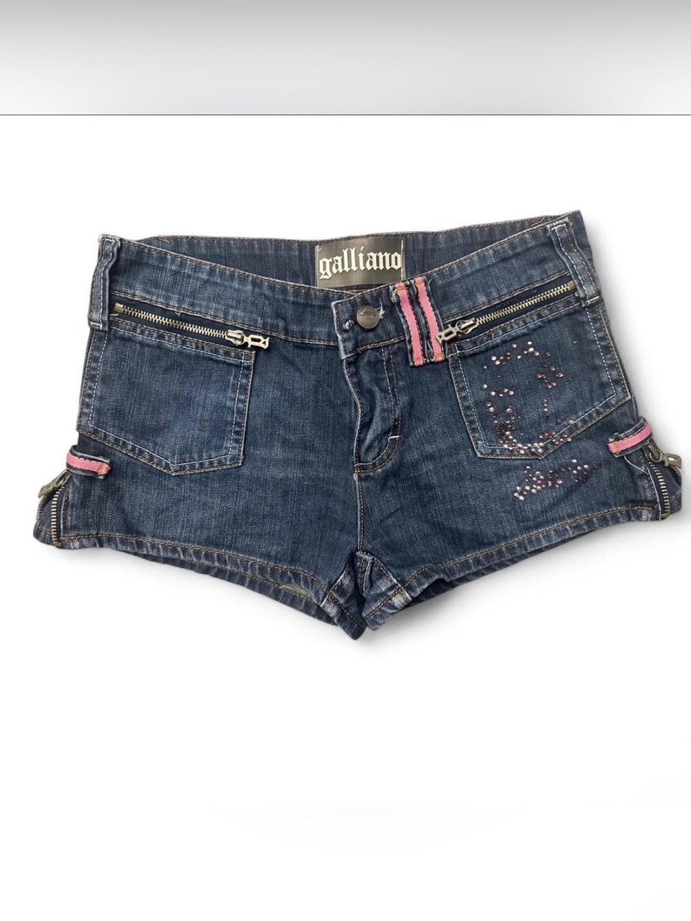 John Galliano Vintage Y2K Low Rise Denim Shorts with Rhinestones Size 2